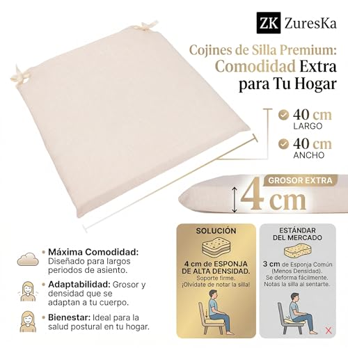 Miniatura 2 de Zk Zureska Cojines Sillas Terraza 40x40 4 Cm Grosor Espuma Alta Densidad . Cojines Sillas Cocina. Cojines Sillas Comedor. Cojines Exterior. Desefundables Y Lavables Blanco Crudo