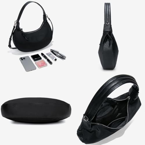 Black Shoulder Crescent Bag for Women Trendy Handbag and Purses, Convenient Nylon Crossbody Hobo Bag with Adjustable Strap2