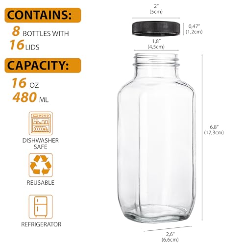 Juice Bottles with Lids, 16 Oz - Set of 8 - Clear Glass Jars with Caps - Reusable Empty Drink Containers for Juicing, Smoothies, Water, Milk, Kombucha Storage, Wellness Shots and More (8) - Image 3