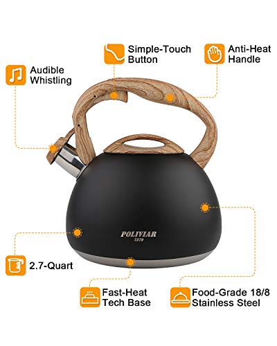 POLIVIAR Tea Kettle, Black Ti Stovetop Tea Kettle 2.7 Quart, Audible Whistling Teapot, Food Grade Stainless Steel for Anti-Rust and Anti Hot Handle, Suitable for All Heat Sources (JX2018-WB20) - Thumbnail 2