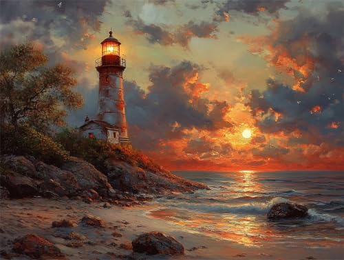 Pintar por números adultos faro al atardecer sobre lienzo gigante de 100x150cm con acrílicos q-76