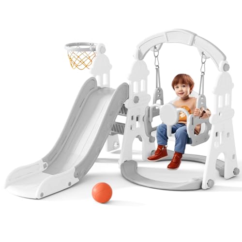 Image of KORIMEFA 4 in 1 Toddler Slide and Swing Set, Kids Climber Slide Playset with Basketball Hoop Playground Swing Set for Indoor Outdoor Backyard Age 1-3 (4 in1-Gray)