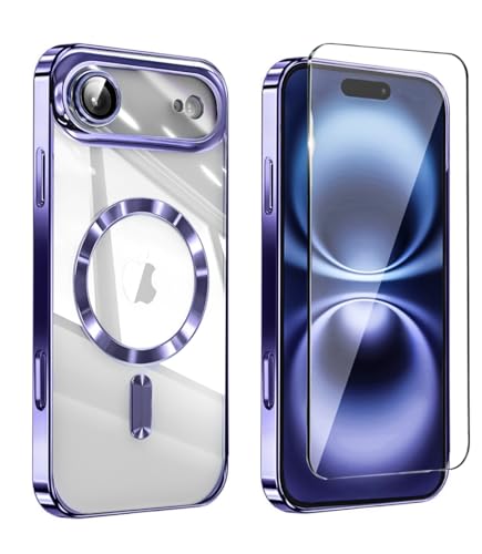 Image of Magnetic Glossy Case for iPhone 17 Air,iPhone 17Air Phone Case Slim Clear Luxury with Screen Protector & Camera Protector [Compatible with MagSafe], Shockproof Cover for iPhone Air 17-Purple