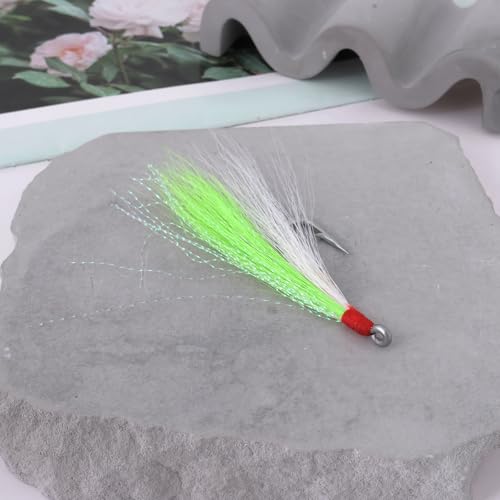 Briny River 12 Stück Bucktail-Teaser-Angelhaken Salzwasser-Flunder-Rig Angelhaken aus Edelstahl 96 Mm 3 G Bucktail-Mylar-Teaser Eingesetzt für Wels Kabeljau Flunder