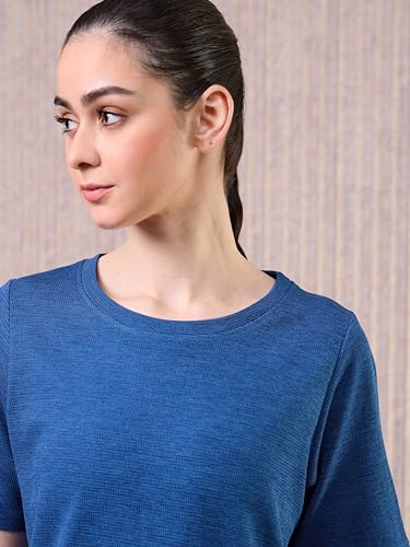 Image of TECHNOSPORT Women Relaxed Fit Cubic Melange Round Neck T-Shirt | Quick Dry Polyester Casual Tee with UPF 50+ UV Protection, Anti-Microbial & Double Cool Technology