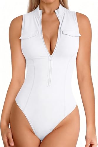 YMDUCH Womens Sexy Sleeveless High Neck Zip Up Slim Fit One Piece Bodysuit Top White