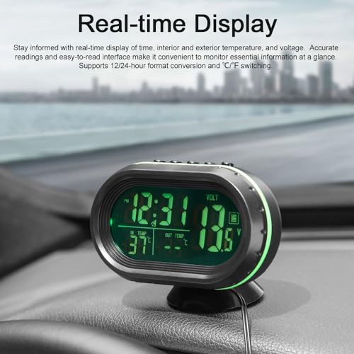 Shkalacar 3in1 Autothermometer Digitaluhr Voltmeter mit LCD Digitalmonitor, 12V Temperatur und Spannungsmesser, Erkennungsanzeige für Auto LKW SUV Wohnmobil, Grün und Orange