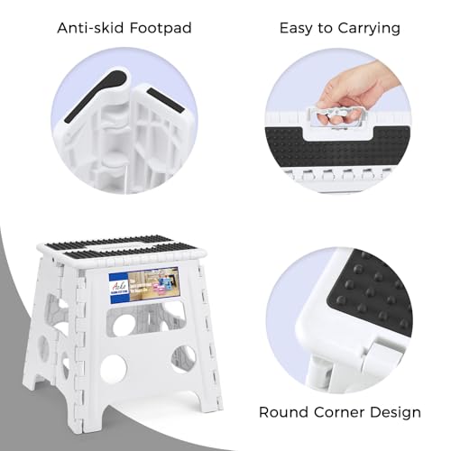 Image of ACKO Folding Step Stool - 13 inch Height Premium Heavy Duty Step Stools for Adults and Kids, Upgrade Step Stool Kitchen Garden Bathroom Stepping Stool (White)