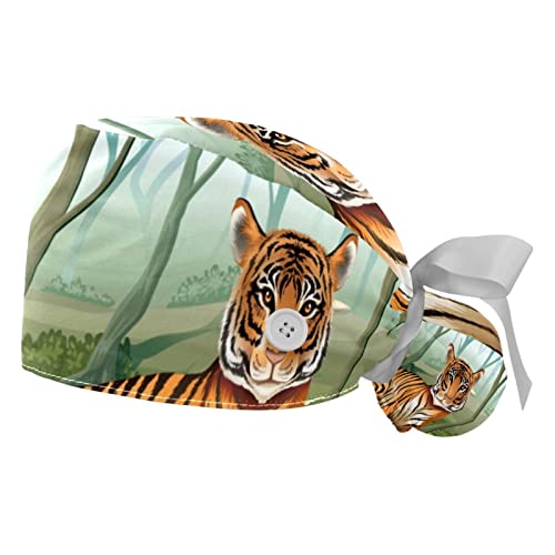 Chapeaux de travail respirants motif tigre pour cuisine et soins en lot de 2