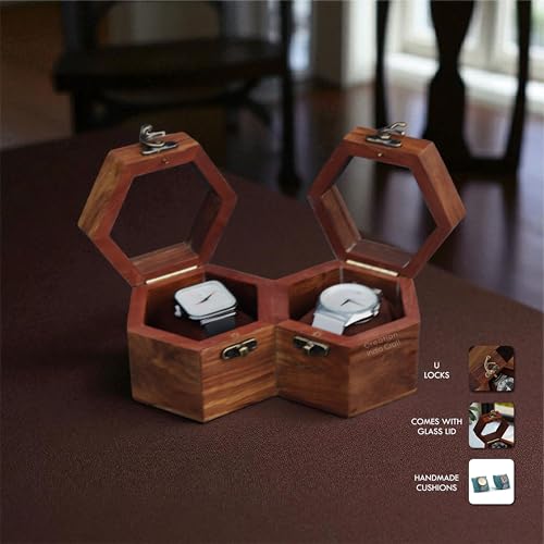 Image of Vintage Wooden Watch Box for Men, Timepiece Display Case, Honeycomb Watch Storage & Organizer, Jewlery Box for Women, Anniversary Gift For Husband (2 Compartments)
