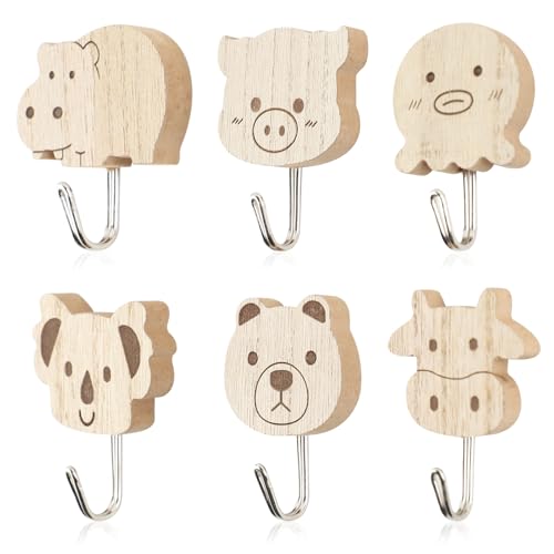 Hwtcjx 6 Piezas Percheros Infantiles, Ganchos de Madera Autoadhesivos, Perchero de Pared Infantil, Percheros con Forma de Animal para Niños, para Habitación Infantil, Baño, Cocina, Toallas, Sombreros