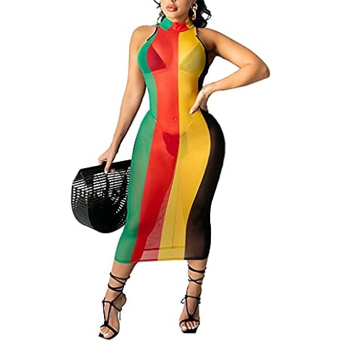 ECHOINE Womens Spaghetti Strap Colorful Stripe Fishnet Cover up Dress Bikinis Swimwear S XXL, Red3, Large Cover