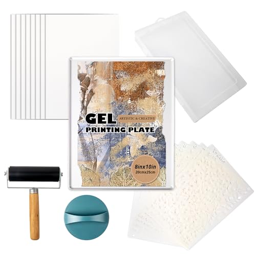 Funria Gel Printing Plate Kit with 8" X 10" Reusable Gel Printing Plate, Printing Paper, Baren, Stencils, Rubber Roller, Crafts Printmaking Supplies for Mixed Media Art Monoprinting Card Making
