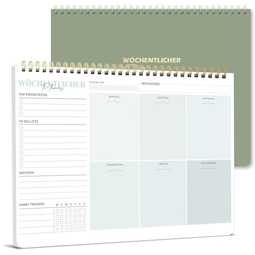 Wochenplaner Block A4 ohne festes Datum 50 Seiten Weekly Planner Schreibtischunterlage mit To Do Liste Spiral-Wochenkalender Wochen Planer mit Wochenübersicht&Habit-Tracker für Termine Aufgaben