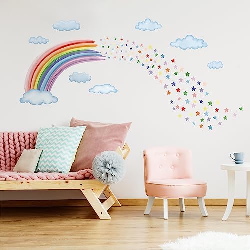 Tanlaby Large Rainbow Wall Stickers, Boho Rainbow Colorful Stars Clouds