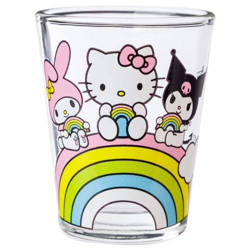 Image of Silver Buffalo Sanrio Hello Kitty and Friends Rainbow Featuring Badtz-Maru, My Melody, Cinnamoroll, Kuromi, Little Twin Stars, Pochacco, Keroppi, Tuxedo Sam, Chococat 4 Pack Mini Glasses, 1.5 Ounces