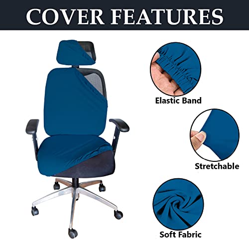 HOTKEI 3 Piece Airforce Blue Office Chair Cover with Headrest Cover 200GSM Fabric Stretchable Removable Computer Desk Executive Rotating Chair Seat Covers Slipcover Protector for Office Chair