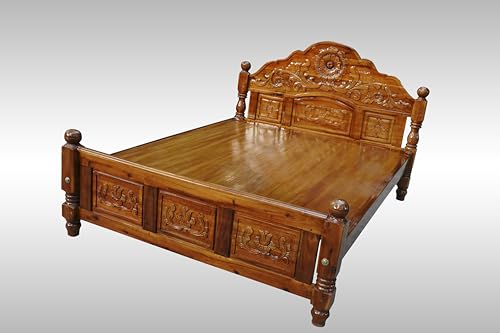 Image of Wooden cot Without Storage Teak Finish (Brown) (Queen)