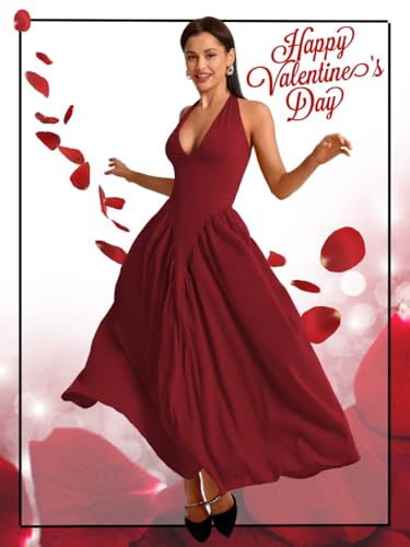 Image of ChiaoLezhee Deep V Neck Dress, Halter Maxi Dresses, Vacation Date Night, Sexy for Women Corset Flowy Wedding Guest Drop Waist