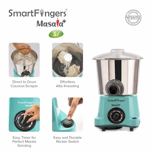 Image of SmartFingers Masala + Table Top Wet Grinder 230V, 3 Liter, Green with Coconut Scrapper & Atta Kneader Attachment | Hands-Free Batter Dispenser | Top Wiper, 220W Motor | 5 Years Warranty | AISI 304