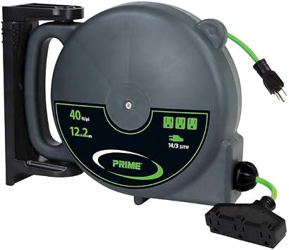 Prime Wire & Cable 40FT 12m Retractable Extension Cord Reel, Heavy Duty Power Cord Reel with Triple Outlets, 14AWG/3C SJTW Cord, Circuit Breaker, Wall/Ceiling Mounted, UL Listed, Green