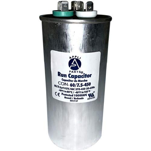 Appli Parts Dual Run Capacitor for ac 60+7.5 Mfd uF (microfarads) 370VAC or 450VAC CBB65 Round Universal fit for hvac and other applications 5-1/4 in High 2-1/4 in Wide CON-60/7.5-450