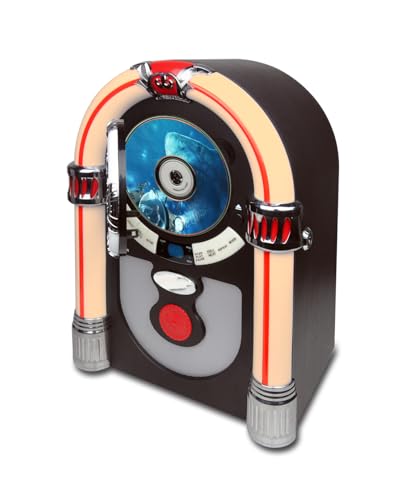 Image of Jukebox with CD Player, Bluetooth, AUX-in Port and Color Changing LED Lights, Mini Digital Tabletop Juke Box Speaker Retro Look, Vintage FM Radio Wireless for Home