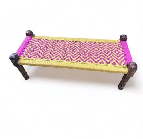 Image of Handwoven Wooden Bench | Traditional Rope Charpai Stool | Solid Wood Frame Seating for Living Room, Balcony & Outdoor | Durable & Stylish Design (Yellow & Pink Finish)