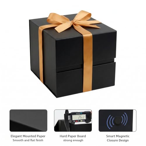 Image of LIFELUM Square Gift Box with Magnetic Lid, Card, Sticker, Ribbon, Shredded Paper Filler for Business, Wedding, Birthdays (Black, square - 7 inch, 1 count (Pack of 1))