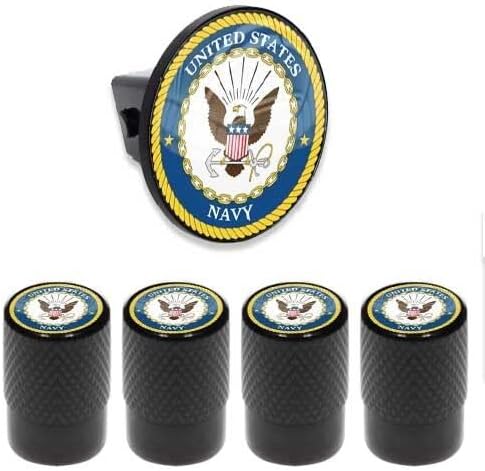 Tow Hitch Cover Insert Plug for Truck & SUV + Valve CAPS for USN Navy Eagle Blue Model-PYT-8888-4627