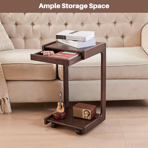 Image of Uniclinens C Table for Sofa, Rolling Side Table with Wheels, Sofa Table with Storage, Narrow Sofa Tray, Skinny Thin Side Table, Solid Wood Slim Small Couch End Table for Living Room, Walnut