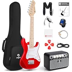 Vangoa 30 Inch Electric Guitar, Small Electric Guitar Starter Kit for Beginners with Digital Tuner, Capo, Strap, Strings, Cable, Picks, Wrenches Musical Electric Guitar Suitable for All Ages - Red