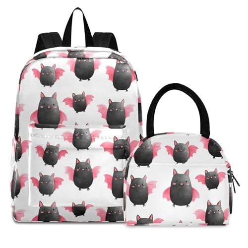 Cute Bats Print Backpack Set with Lunch Bag, Large Capacity Travel Backpacks and Lunch Box Insulated for Commute Hiking Picnic