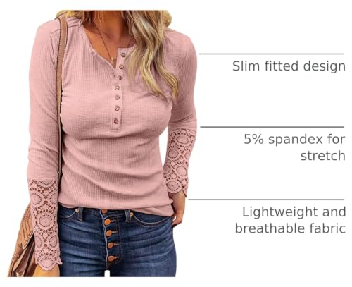 Image of Kancystore Women's Fall Long Sleeve Tops Lace V Neck Button Down Henley Shirts Tunic Blouses