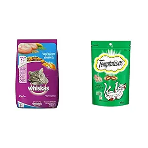 Whiskas Adult (+1 Year) Dry Cat Food Food, Ocean Fish Flavour, 7kg Pack & Cat Treat, Seafood Medley Flavour - 85 g