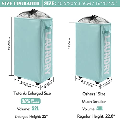 Totanki 25" Rolling Slim Laundry Basket With Handle On Wheels (4 Colors), Foldable Laundry Hamper, Collapsible Laundry Sorter And Organizer, Tall Storage Basket Bin (Light Blue) #TOP2