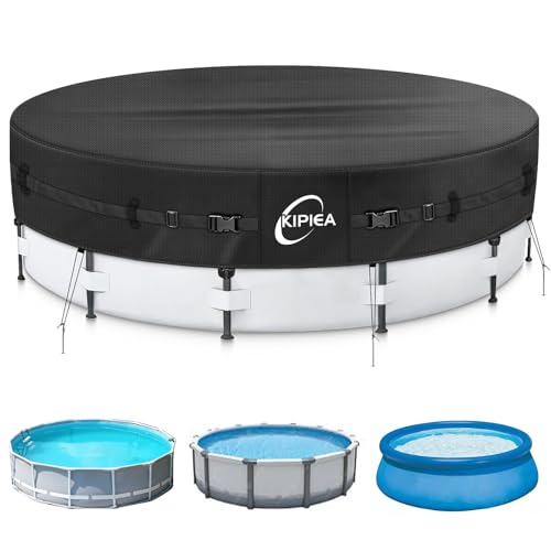Kipiea Heavy Duty 500D 16ft Round Pool Cover for Above Ground Pools, Swimming Pool Cover with Full Circle Straps, Anti-Slip Straps and Tent Stakes, Featuring Windproof, Waterproof and Dustproof Design