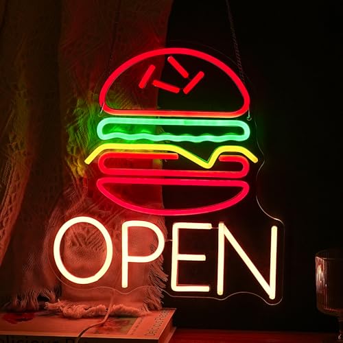 Image of Hamburg Open Neon Sign Led Business Open Sign Burger Neon Wall Decor Light Up Sign Fast Food Bar Kitchen Restaurant Decor Food Neon Light