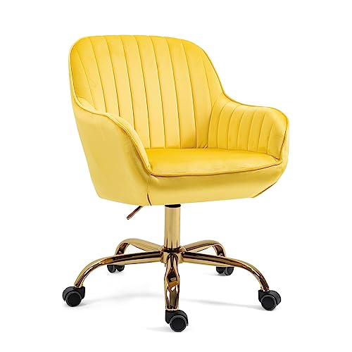 SPOFLYINN 360° Dark Velvet Swivel Chair with High Back, Comfortable Wide Backrest with Humanized Armrest,Adjustable Working Chair with Golden Color Base Yellow