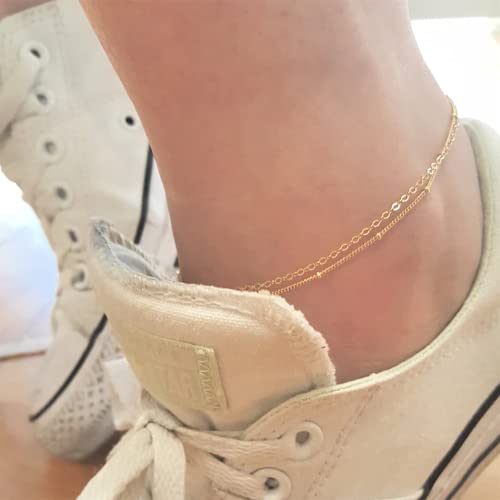 Ascomy 14K Gold Plated Ankle Bracelets For Women Dainty Layered Satellite Chain Anklet Cable Link Anklets Tiny Cute Simple Anklets For Teen Girls Minimalist Summer Beach Foot Chain Jewelry Gifts #TOP5