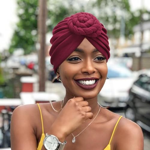 Image of DRESHOW 5 Pack Knotted Headwraps for Women African Turban Pre-Knotted Beanie Headwraps Hair Covers