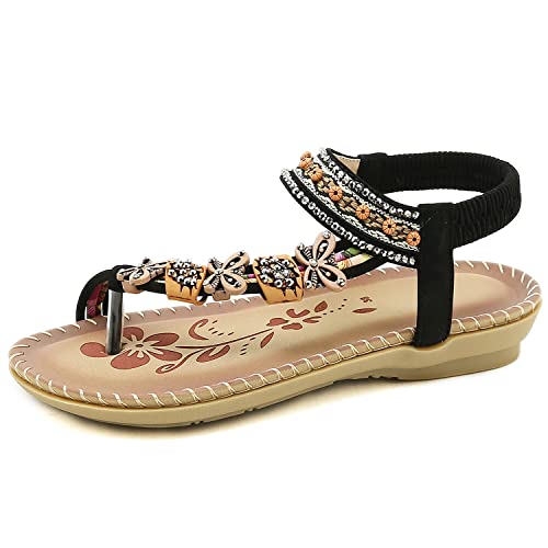 Damen Flache Sandalen Sommer Gladiator Bohemian Perlen Kleid Schuhe Bequem Open Toe Elastic Ankle Strap Slip On Sandalen, Schwarz , 38.5 EU Cover
