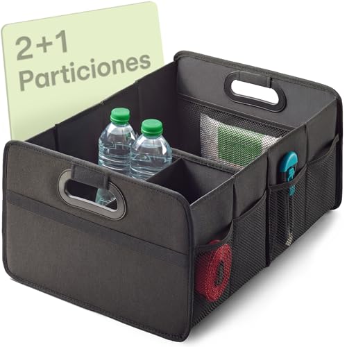 Praknu Organizador de Maletero Plegable XL – 3 Compartimentos Flexibles con 5 Bolsillos – Base Antideslizante – Tamaño Ideal para Organización del Coche – Robusto y Resistente al Agua de Tela Oxford