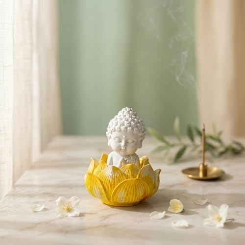 Image of eCraftIndia Yellow Lotus Baby Buddha Statue Showpiece for Home Decor | Living Room, Bedroom, Office & Car Dashboard