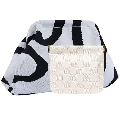 Vpoofree Clutch Purses for Women Woven Crochet Bag&Cosmetic Bag Dumpling Striped Cloud Purse Evening Handbag Summer Beach (Black&white summer beach purse for vacation)