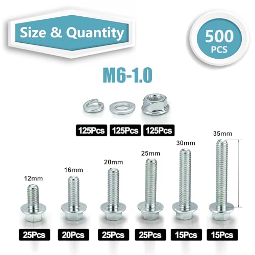 Image of Kadrick 500Pcs Flange Hex Bolts and Nuts Kit,M6 x1.0 (M8 x1.25 M10-1.25 Available) (12mm to 35mm) Metric Bolt Assortment,Alloy Steel Class 8.8 Zinc Plated
