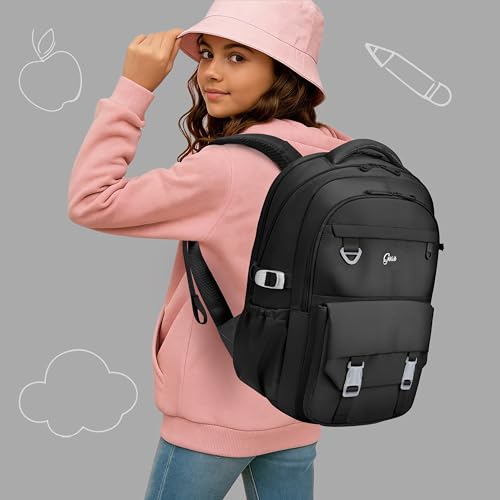 Image of Gear Grace 19 inch /40L Large Water Resistant School Bag | Casual Backpack | Daypack | Travel Backpack | Kids Bag for Boys /Girls (Black - Black)