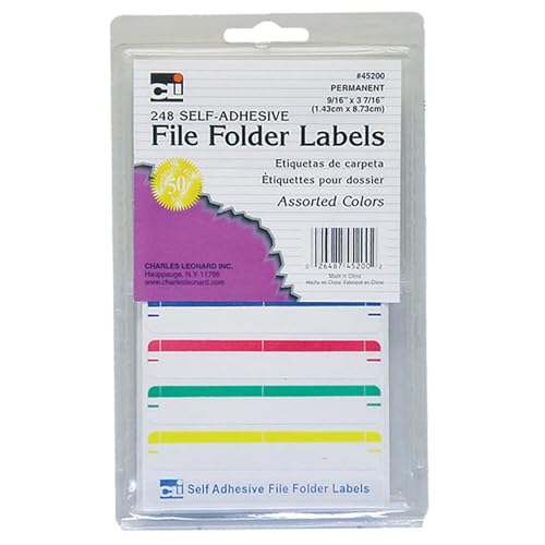 Charles Leonard File Folder Labels, Self-Adhesive, 0.56 x 3.43 Inches, Assorted, 248-Count Box (45200)
