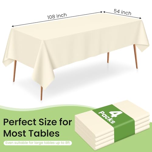 Image of LANLISA 4 Pack Ivory Tablecloth Plastic, 54 x 108 Inch Rectangle Table Cloth Disposable, Thanksgiving Decorations, Harvest, Fall Tablecloths, Beige Plastic Cover, Cream