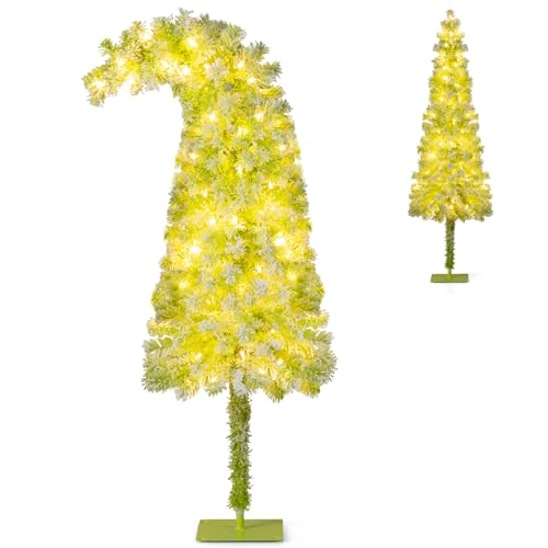 Goplus 5 FT Pre-Lit Whimsical Christmas Tree, Bendable Grinchs Xmas Tree with 216 Branch Tips, 80 Warm White LED Lights, 8 Modes, Artificial Slim Pencil Tree for Home Office Party Decoration